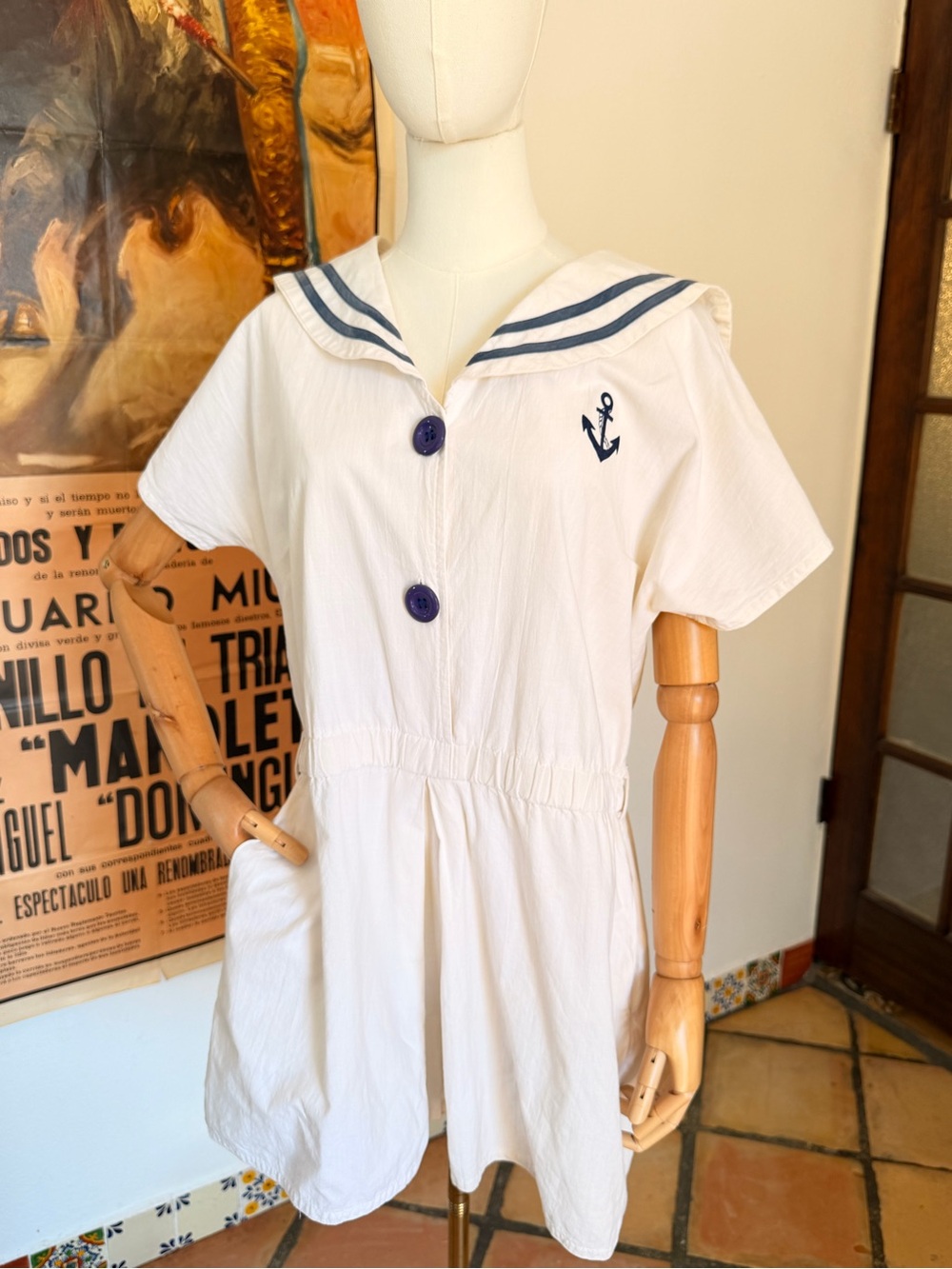 Vintage Lolita Nautical Sailor Collar Romper White/Blue L Short Sleeve Cotton L